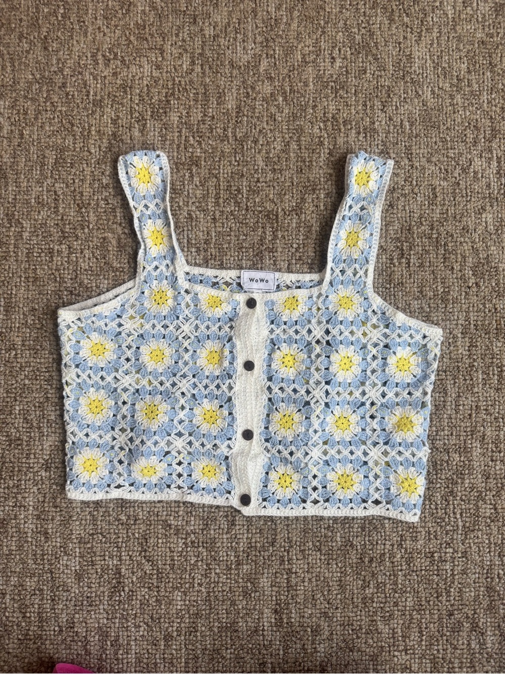 WoWo Crochet Daisy Crop Tank - Blue, White & Yellow S